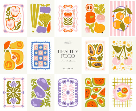 Abstract fruits and vegetables elements. Modern trendy minimalist. Healthy Food. Hand drawn design for wallpaper, wall decor, print, postcard, cover, template, banner.