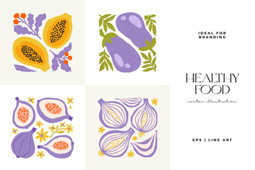 Abstract fruits and vegetables elements. Modern trendy minimalist. Healthy Food. Hand drawn design for wallpaper, wall decor, print, postcard, cover, template, banner.