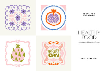 Abstract fruits and vegetables elements. Modern trendy minimalist. Healthy Food. Hand drawn design for wallpaper, wall decor, print, postcard, cover, template, banner.