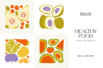 Abstract fruits and vegetables elements. Modern trendy minimalist. Healthy Food. Hand drawn design for wallpaper, wall decor, print, postcard, cover, template, banner.