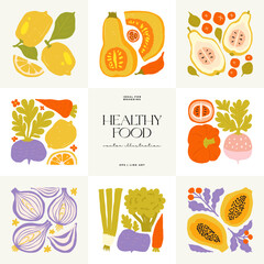 Abstract fruits and vegetables elements. Modern trendy minimalist. Healthy Food. Hand drawn design for wallpaper, wall decor, print, postcard, cover, template, banner.
