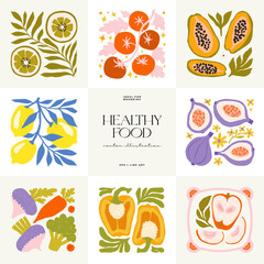 Abstract fruits and vegetables elements. Modern trendy minimalist. Healthy Food. Hand drawn design for wallpaper, wall decor, print, postcard, cover, template, banner.