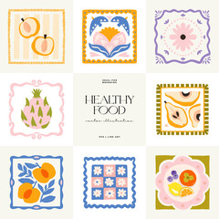 Abstract fruits and vegetables elements. Modern trendy minimalist. Healthy Food. Hand drawn design for wallpaper, wall decor, print, postcard, cover, template, banner.