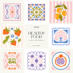 Abstract fruits and vegetables elements. Modern trendy minimalist. Healthy Food. Hand drawn design for wallpaper, wall decor, print, postcard, cover, template, banner.