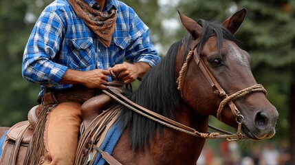 Fototapeta premium A man in a blue plaid shirt rides a brown horse outdoors in a natural setting