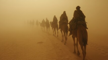 Saharan sandstorm obscuring camel caravan silhouette
