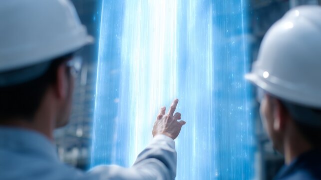 Two engineers observing a digital display in a futuristic setting. They are wearing hard hats and pointing at a glowing projection. This image captures innovation and modern technology in action. AI