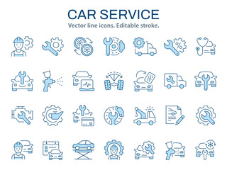 Auto service icons, such as car maintenance, diagnostics, auto mechanic and more. Vector illustration. Editable stroke. Change to any size and any color.