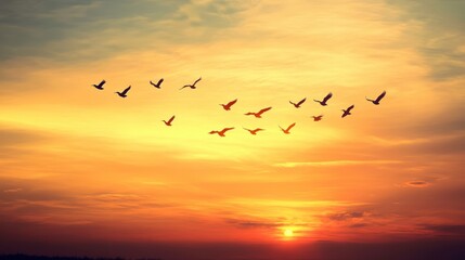 Birds flying at sunset