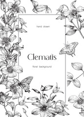 Vintage Floral frame for design greeting card, wedding decor, invitation, gift, celebration. Vector background. Engraved elements Clematis flowers and butterflies, black white. Hand drawn illustration