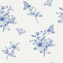 Vintage Toile art Floral vector seamless pattern flowers Clematis and butterflies, blue beige. Hand drawn background for design wedding, packaging, textile, wrapping paper, wallpaper, Fashion apparel