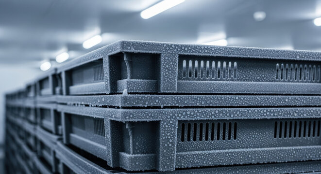 Reusable plastic pallets stacked in industrial cold storage room with condensation forming on surfaces under bright lights