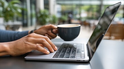 Fototapeta premium Person using a laptop with a coffee cup in a bright, modern cafe setting
