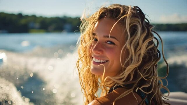Young Woman Smiling in a Motorboat with Life Jacket