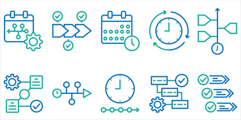 Time Management and Project Planning Icons – Schedule, Timeline, and Workflow Line Symbols