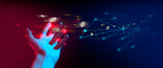 hand of businessman interactive touching a holographic of transaction financial network data...
