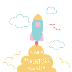 Rocket farewell card on cloud background