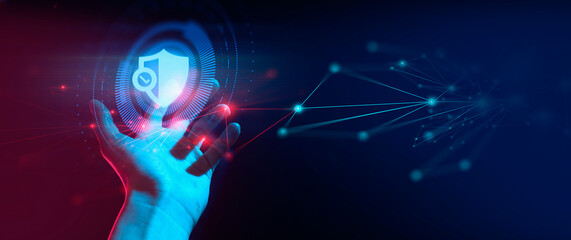 hand of businessman interactive touching a holographic of transaction financial network data...