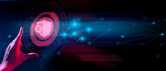 hand of businessman interactive touching a holographic of transaction financial network data...