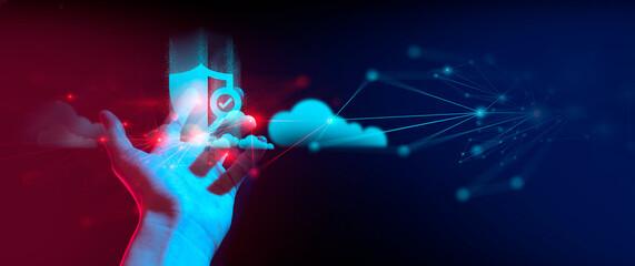 hand of businessman interactive touching a holographic of transaction financial network data...