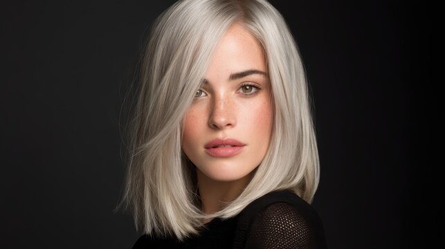 Sleek straight lob with middle part and silvery ash blonde tone