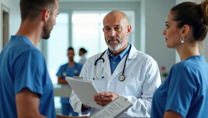 Serious Doctor Discussing Healthcare with Medical Team, Hospital Corridor Setting - Ideal for Medical, Healthcare, and Insurance Marketing