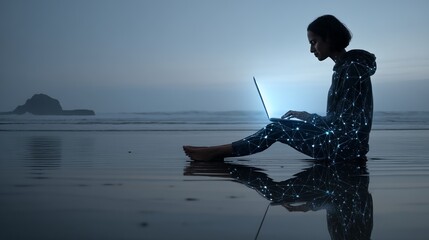 Woman using a laptop while sitting on a calm water surface at dusk with a digital network overlay