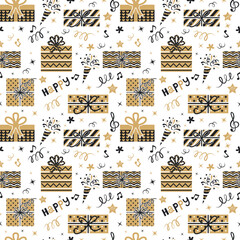 Festive seamless vector pattern with gift boxes, stars and music notes on white background. Handwritten text "Happy", gold, black and white color scheme and confetti.
