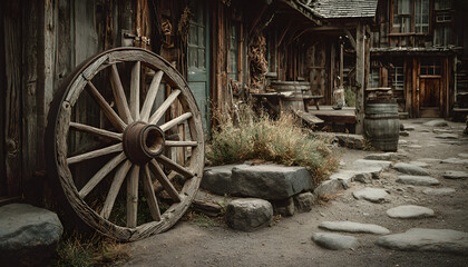Obraz premium A nostalgic depiction of an aged wooden wagon wheel conveying historical resilience and pioneering spirit
