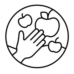 Hand and apple fruit thin line icon, eco tourism concept. Vector graphics. Fruit harvesting with human hand sign on white background, style mobile or design.