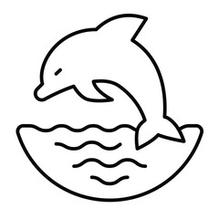 Dolphin jump at sea thin line icon, eco tourism concept. Vector graphics. Sea animal with water waves sign on white background, style mobile or design.