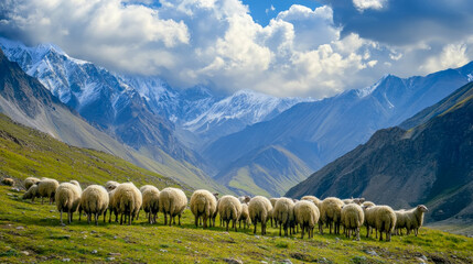 A flock of fluffy sheep grazes peacefully on a verdant hillside, with a breathtaking backdrop of snow-capped Himalayan mountains under a partly cloudy sky.