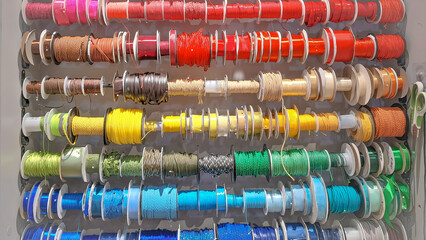 Colorful ribbon and cord spools organized by shade on display rack wall..