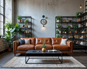 Urban and industrial loft style featuring a vintage leather article sofa matte black steel coffee table and open wire shelves filled with plants and books-