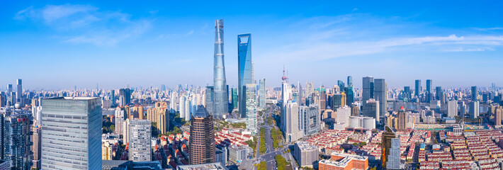Aerial view of Shanghai skyscrapers and residential buildings in downtown.