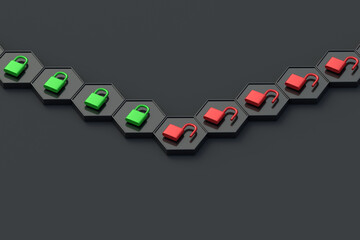 Firewall bypass. Poor data encryption. Unauthorized access. Leakage of private, confidential information. Cyberspace ​​crime conception. Opened and closed padlocks on hexagons. 3d render