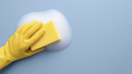 Hand in yellow rubber glove holding a sponge, cleaning a surface with soap bubbles, against a soft blue background, illustrating household cleaning and maintenance tasks effectively