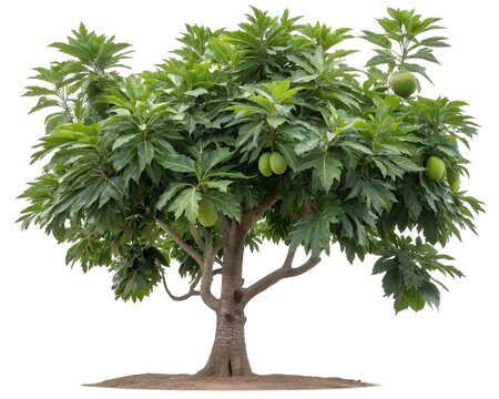 Breadfruit tree with ripe fruits isolated on pure white background