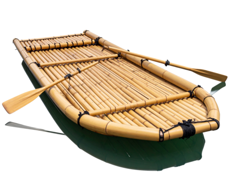 Rustic Bamboo Raft with Paddle Secured Alongside, angled side view, isolated on a transparent background