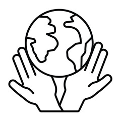 Planet in human palm hands thin line icon, charity concept. Vector graphics. World globe with hands sign on white background, style mobile or design.