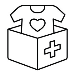 Clothes box, shirt with heart thin line icon, charity concept. Vector graphics. Humanitarian aid box, donation sign on white background, style mobile or design.