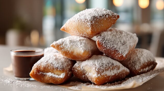 Stack of powder sugar-dusted beignets with chocolate dipping sauce on a softly blurred New Orleans caf&Atilde;&copy; backdrop under perfect lighting