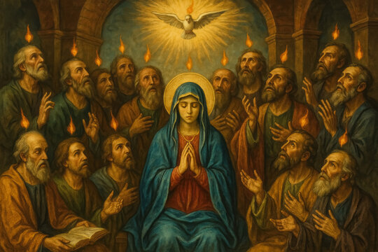 Classical painting of Pentecost—Mary and apostles bathed in tongues of fire beneath descending dove, symbolizing Holy Spirit, generative AI