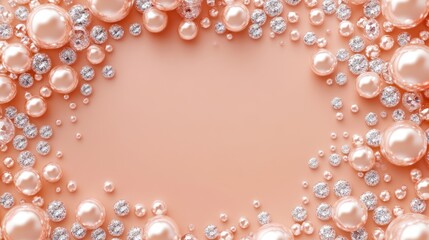 A peach-toned background framed by pearls and crystals