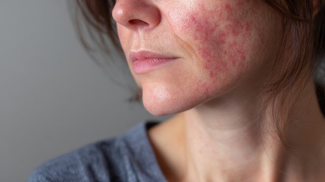 Test for Atopic dermatitis. Close-up of a woman's face showing skin texture and subtle imperfections.