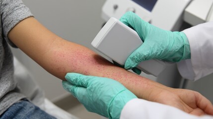 Test for Atopic dermatitis. Medical examination of skin condition with a device by a doctor in protective gloves.