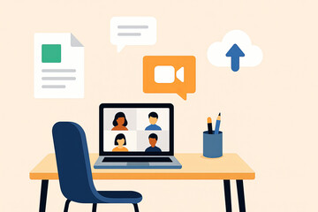 virtual meeting with communication and file sharing concept