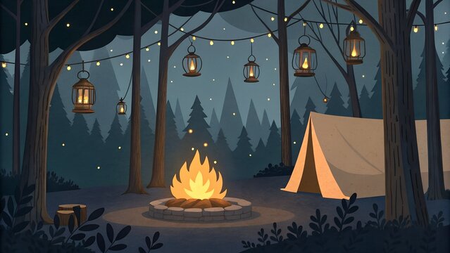 Campfire and lanterns lighting a forest campsite &mdash; warm bubble in the dark