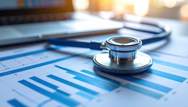 Medical analysis concept with stethoscope, business chart and laptop showing financial health