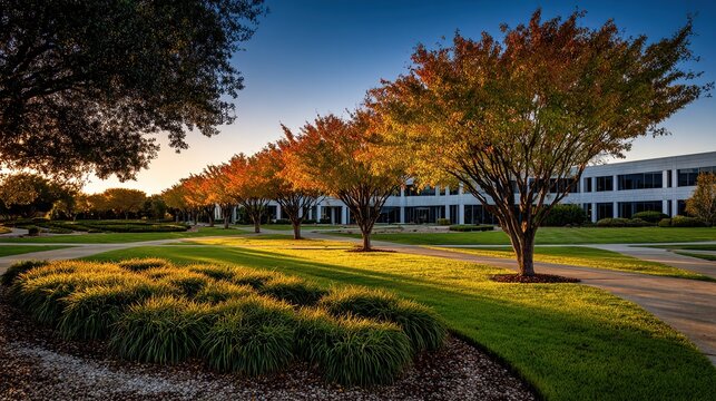 Autumnal office park at sunset, with rows of trees and manicured lawns